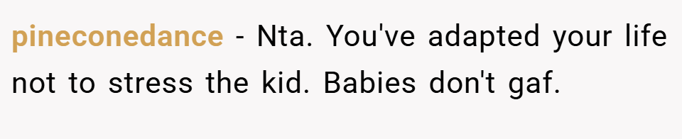 pineconedance − Nta. You've adapted your life not to stress the kid. Babies don't gaf.