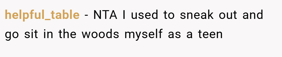 helpful_table − NTA I used to sneak out and go sit in the woods myself as a teen