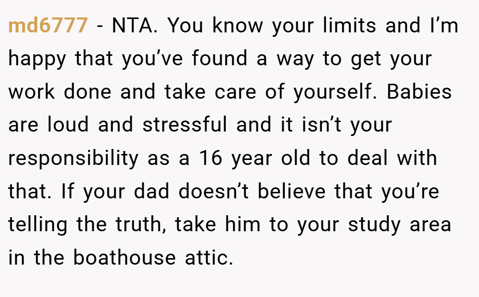 md6777 − NTA. You know your limits and I’m happy that you’ve found a way to get your work done and take care of yourself. Babies are loud and stressful and it isn’t your responsibility as a 16 year old to deal with that. If your dad doesn’t believe that you’re telling the truth, take him to your study area in the boathouse attic.