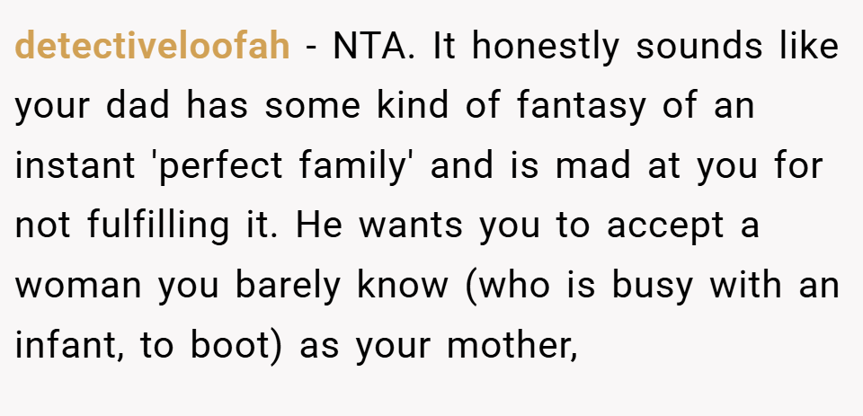 detectiveloofah − NTA. It honestly sounds like your dad has some kind of fantasy of an instant 'perfect family' and is mad at you for not fulfilling it. He wants you to accept a woman you barely know (who is busy with an infant, to boot) as your mother,