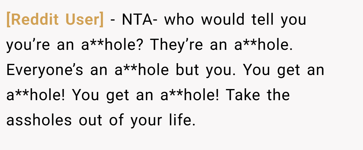 [Reddit User] − NTA- who would tell you you’re an a**hole? They’re an a**hole. Everyone’s an a**hole but you. You get an a**hole! You get an a**hole! Take the assholes out of your life.