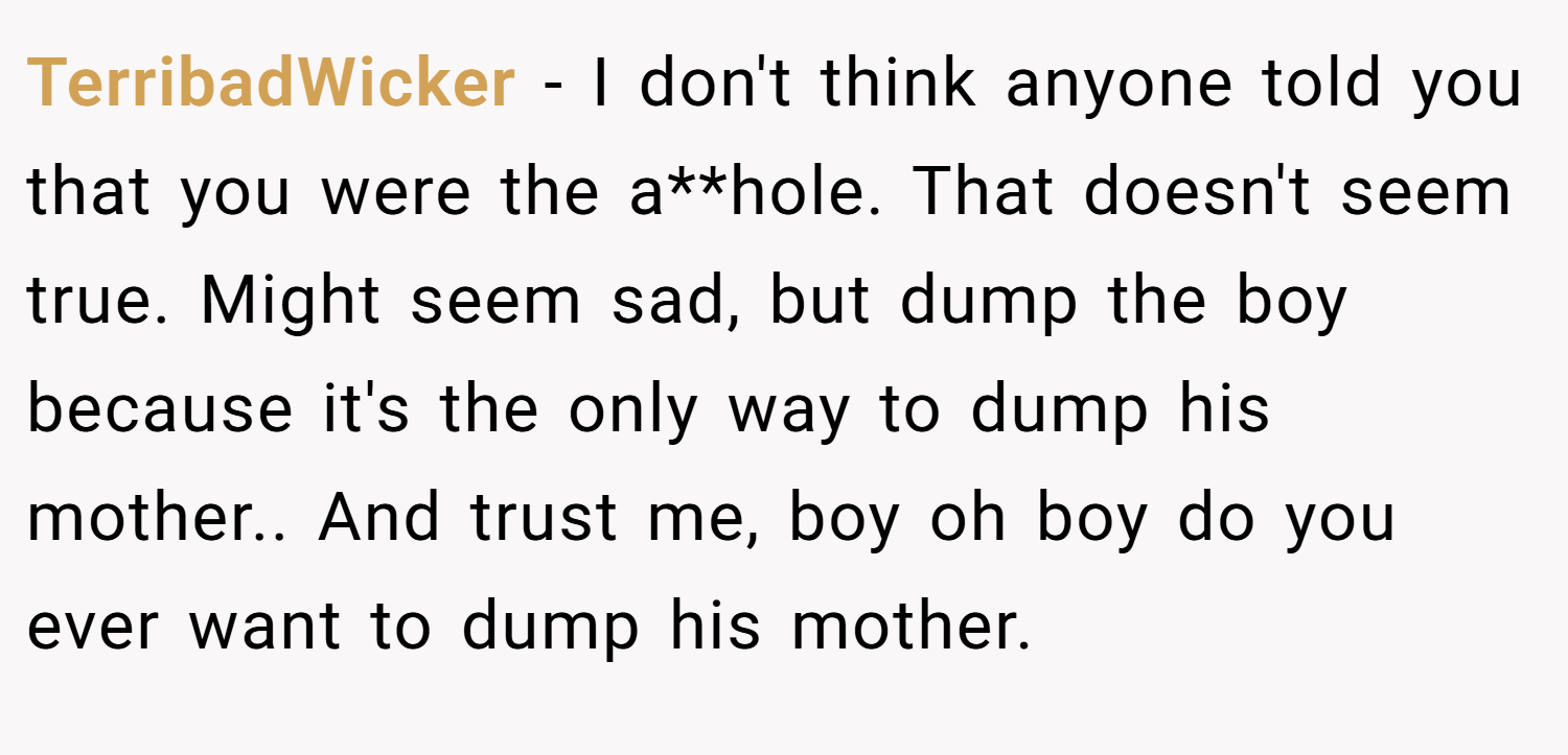 TerribadWicker − I don't think anyone told you that you were the a**hole. That doesn't seem true. Might seem sad, but dump the boy because it's the only way to dump his mother.. And trust me, boy oh boy do you ever want to dump his mother.