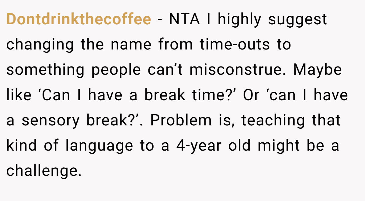 Dontdrinkthecoffee − NTA I highly suggest changing the name from time-outs to something people can’t misconstrue. Maybe like ‘Can I have a break time?’ Or ‘can I have a sensory break?’. Problem is, teaching that kind of language to a 4-year old might be a challenge.