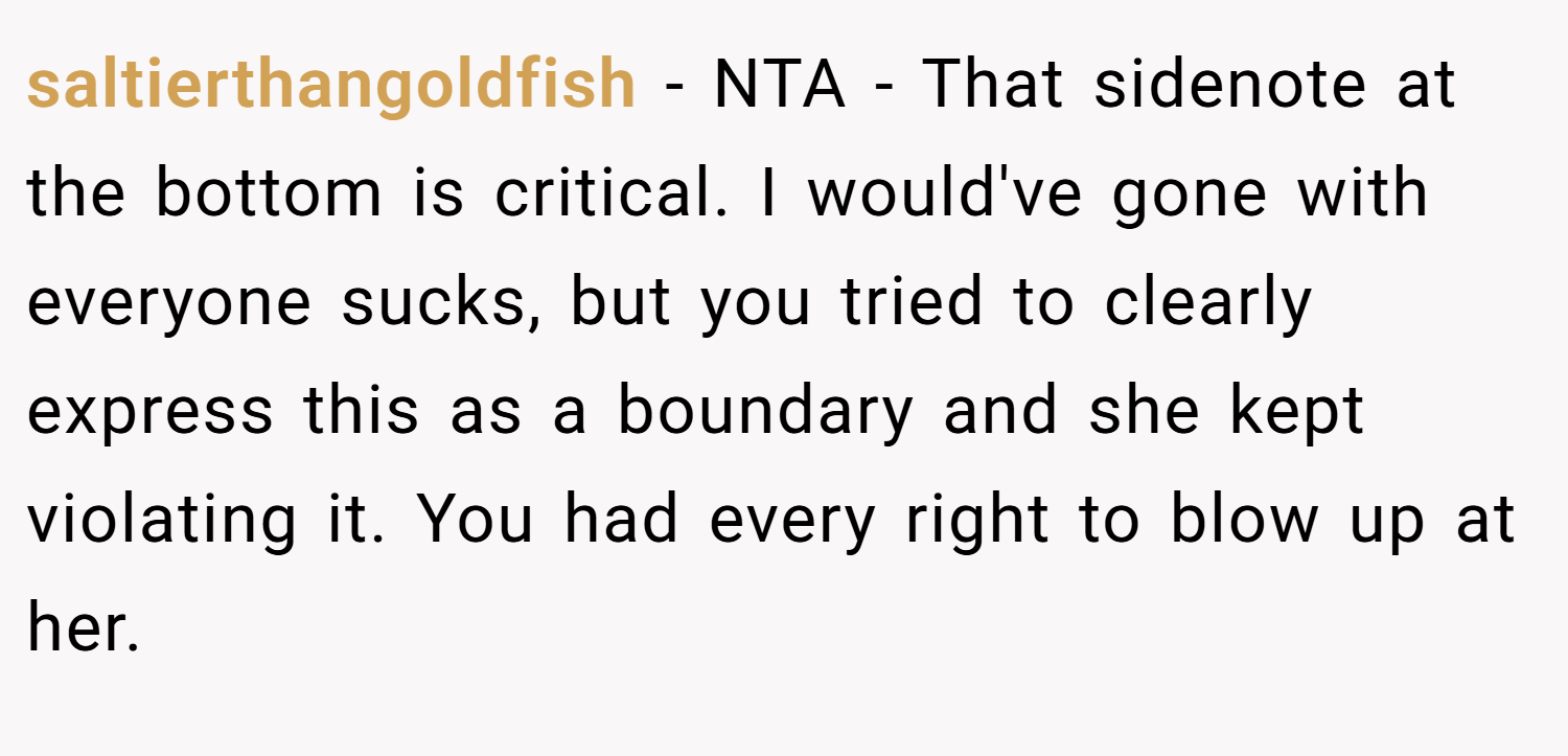 saltierthangoldfish − NTA - That sidenote at the bottom is critical. I would've gone with everyone sucks, but you tried to clearly express this as a boundary and she kept violating it. You had every right to blow up at her.