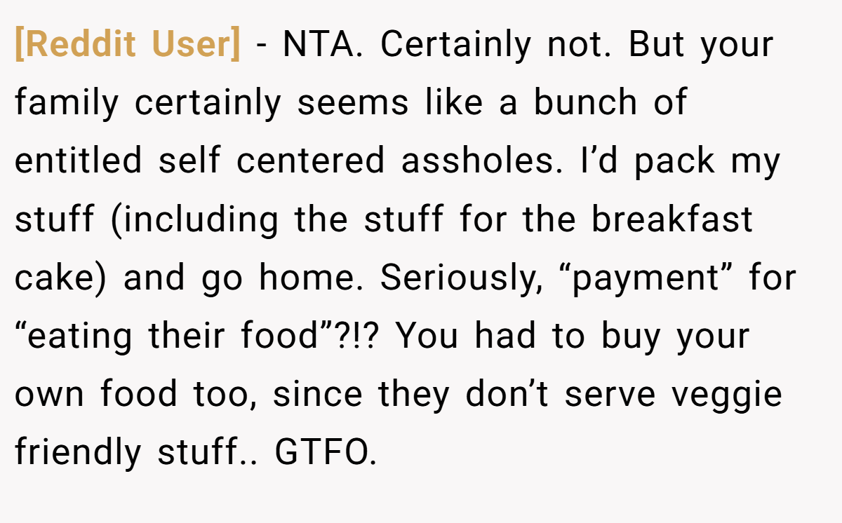 [Reddit User] − NTA. Certainly not. But your family certainly seems like a bunch of entitled self centered assholes. I’d pack my stuff (including the stuff for the breakfast cake) and go home. Seriously, “payment” for “eating their food”?!? You had to buy your own food too, since they don’t serve veggie friendly stuff.. GTFO.