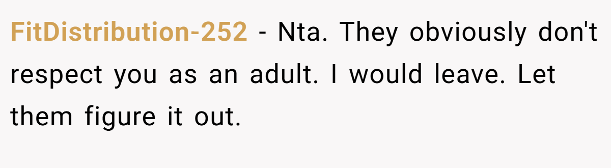 FitDistribution-252 − Nta. They obviously don't respect you as an adult. I would leave. Let them figure it out.