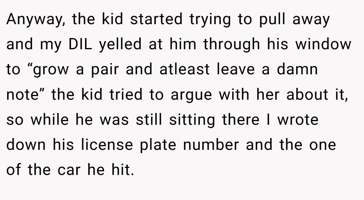Anyway, the kid started trying to pull away and my DIL yelled at him through his window to “grow a pair and atleast leave a damn note” the kid tried to argue with her about it, so while he was still sitting there I wrote down his license plate number and the one of the car he hit.