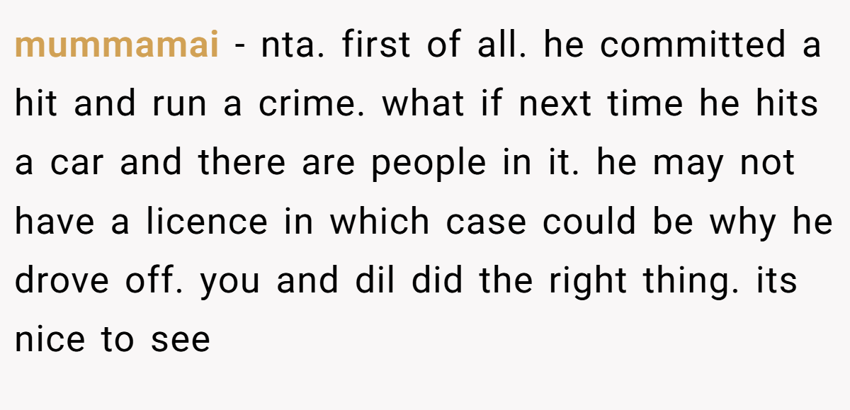 mummamai - nta. first of all. he committed a hit and run a crime. what if next time he hits a car and there are people in it. he may not have a licence in which case could be why he drove off. you and dil did the right thing. its nice to see
