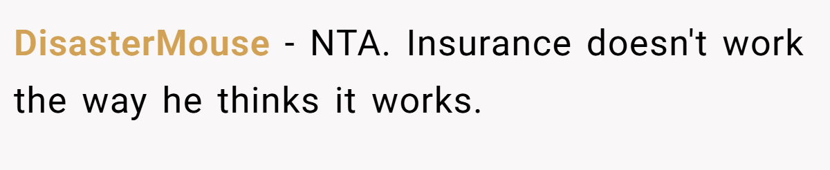 DisasterMouse - NTA. Insurance doesn't work the way he thinks it works.
