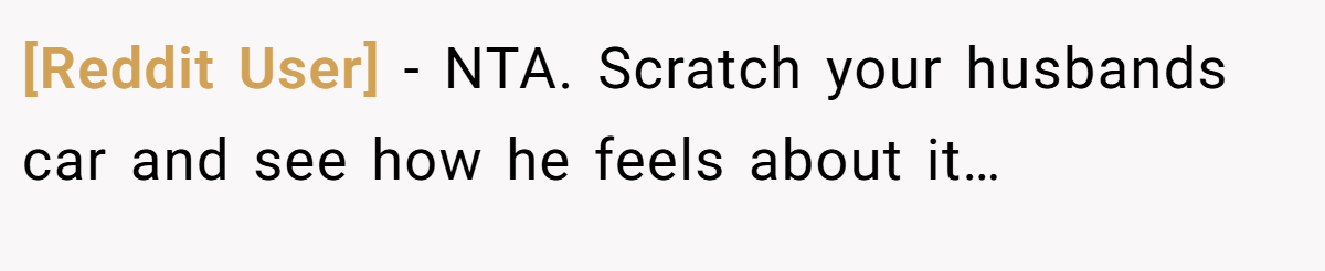 [Reddit User] - NTA. Scratch your husbands car and see how he feels about it…