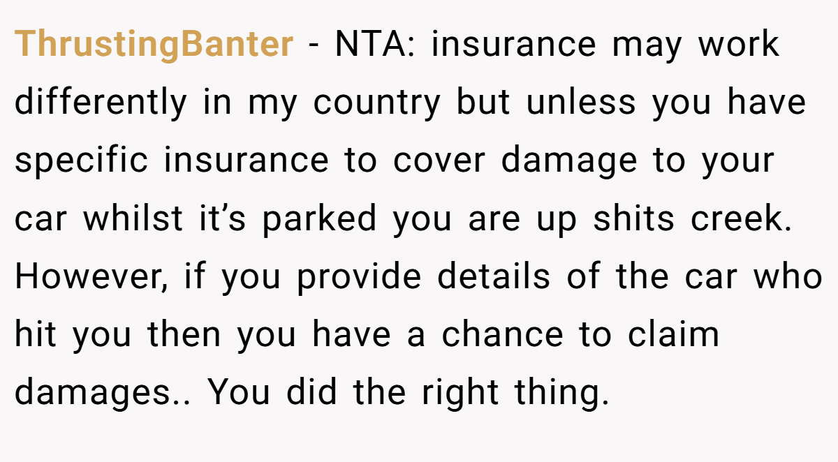 ThrustingBanter - NTA: insurance may work differently in my country but unless you have specific insurance to cover damage to your car whilst it’s parked you are up shits creek. However, if you provide details of the car who hit you then you have a chance to claim damages.. You did the right thing.