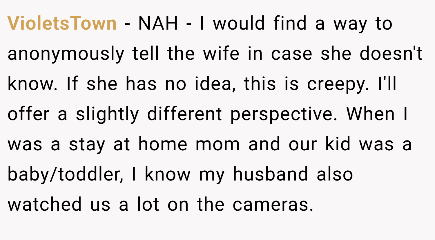 VioletsTown − NAH - I would find a way to anonymously tell the wife in case she doesn't know. If she has no idea, this is creepy. I'll offer a slightly different perspective. When I was a stay at home mom and our kid was a baby/toddler, I know my husband also watched us a lot on the cameras.