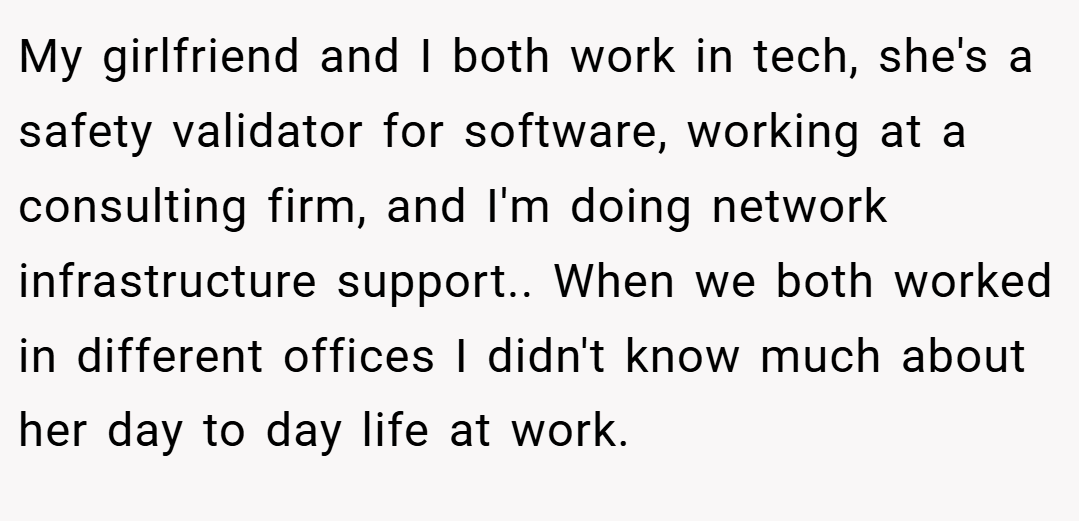 My girlfriend and I both work in tech, she's a safety validator for software, working at a consulting firm, and I'm doing network infrastructure support.. When we both worked in different offices I didn't know much about her day to day life at work.