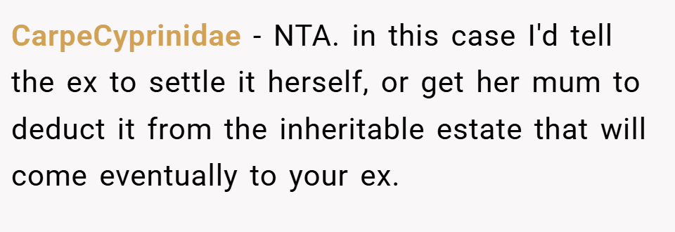 CarpeCyprinidae − NTA. in this case I'd tell the ex to settle it herself, or get her mum to deduct it from the inheritable estate that will come eventually to your ex.