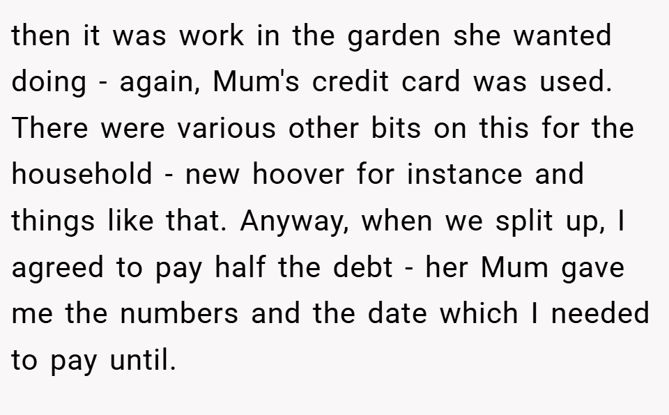 then it was work in the garden she wanted doing - again, Mum's credit card was used. There were various other bits on this for the household - new hoover for instance and things like that. Anyway, when we split up, I agreed to pay half the debt - her Mum gave me the numbers and the date which I needed to pay until.