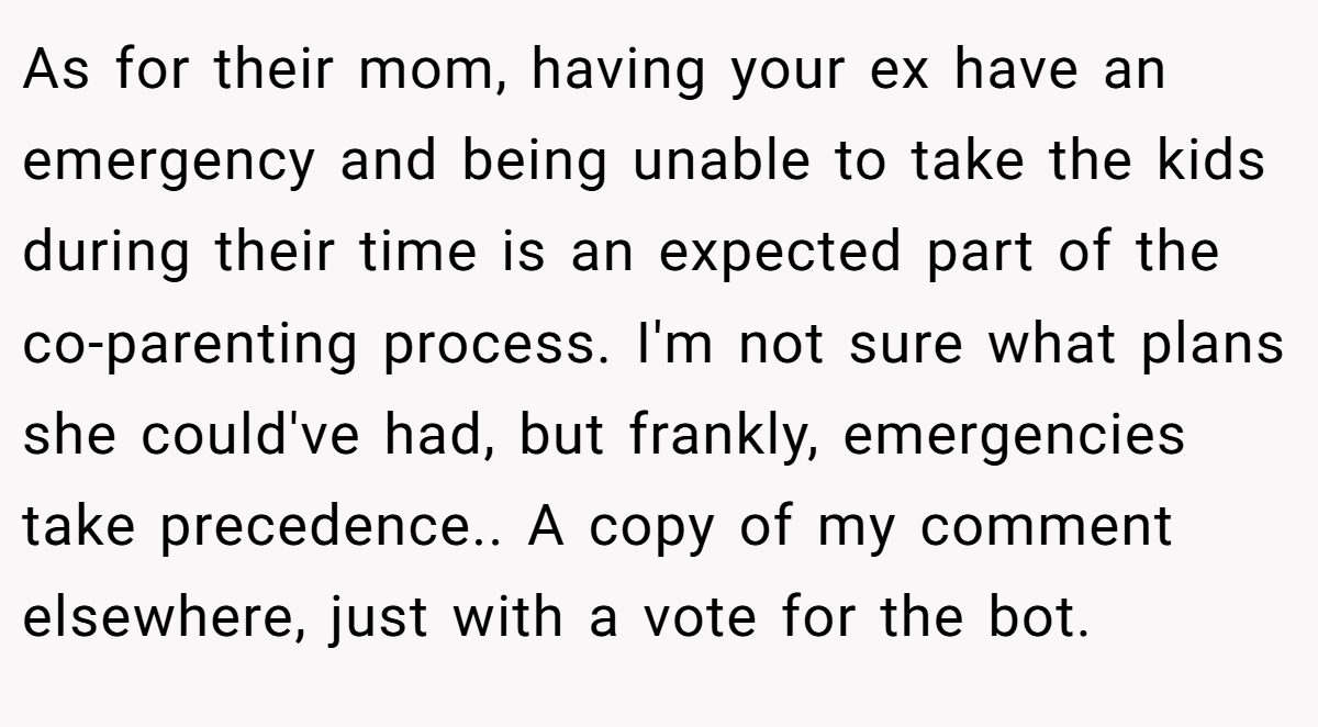 As for their mom, having your ex have an emergency and being unable to take the kids during their time is an expected part of the co-parenting process. I'm not sure what plans she could've had, but frankly, emergencies take precedence.. A copy of my comment elsewhere, just with a vote for the bot.