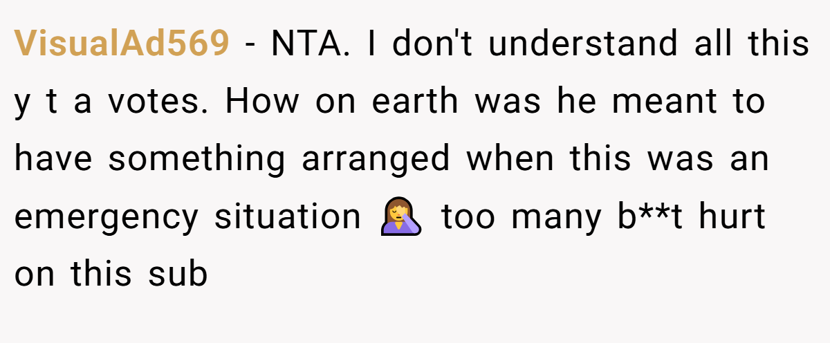 VisualAd569 − NTA. I don't understand all this y t a votes. How on earth was he meant to have something arranged when this was an emergency situation 🤦‍♀️ too many b**t hurt on this sub