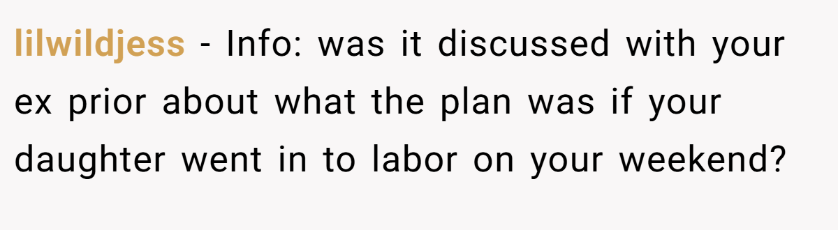 lilwildjess − Info: was it discussed with your ex prior about what the plan was if your daughter went in to labor on your weekend?