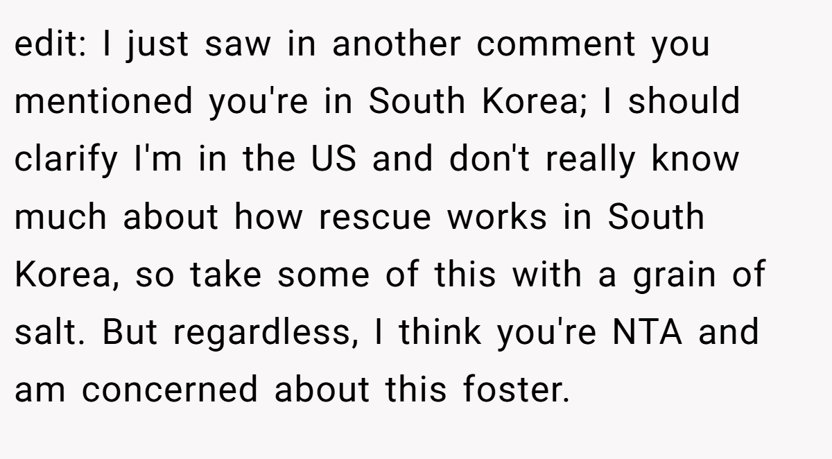 edit: I just saw in another comment you mentioned you're in South Korea; I should clarify I'm in the US and don't really know much about how rescue works in South Korea, so take some of this with a grain of salt. But regardless, I think you're NTA and am concerned about this foster.