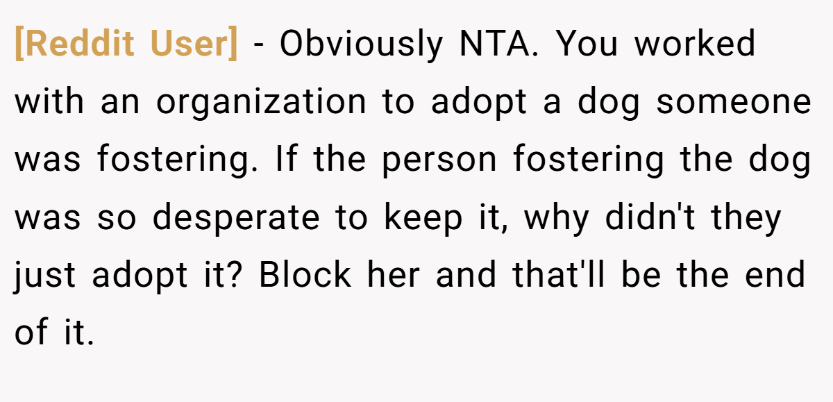 [Reddit User] − Obviously NTA. You worked with an organization to adopt a dog someone was fostering. If the person fostering the dog was so desperate to keep it, why didn't they just adopt it? Block her and that'll be the end of it.
