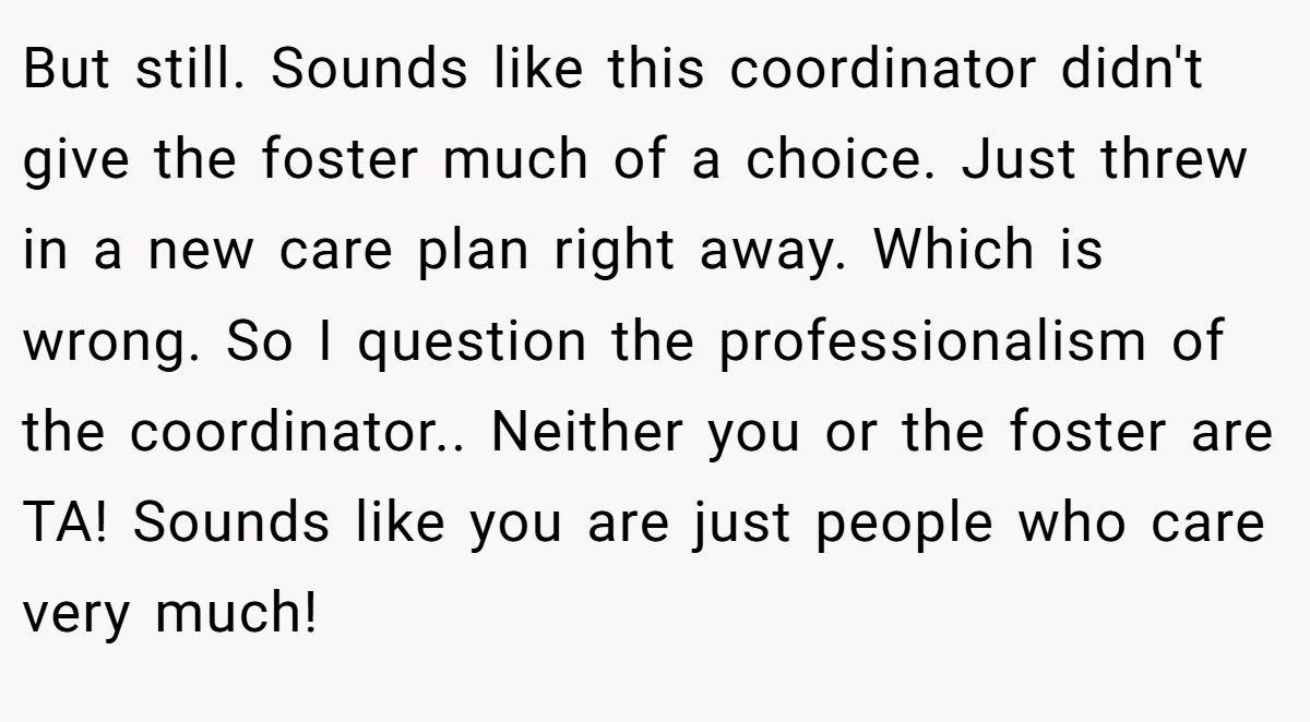 But still. Sounds like this coordinator didn't give the foster much of a choice. Just threw in a new care plan right away. Which is wrong. So I question the professionalism of the coordinator.. Neither you or the foster are TA! Sounds like you are just people who care very much!