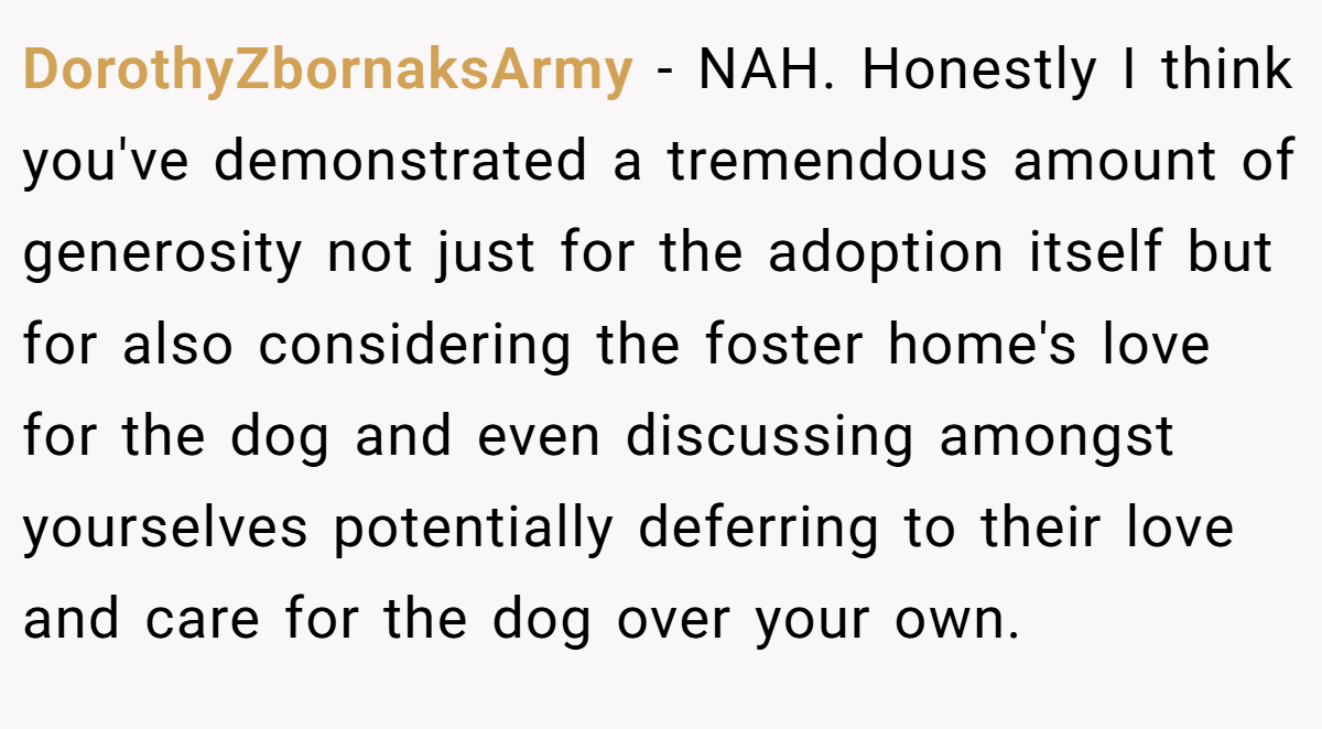 DorothyZbornaksArmy − NAH. Honestly I think you've demonstrated a tremendous amount of generosity not just for the adoption itself but for also considering the foster home's love for the dog and even discussing amongst yourselves potentially deferring to their love and care for the dog over your own.