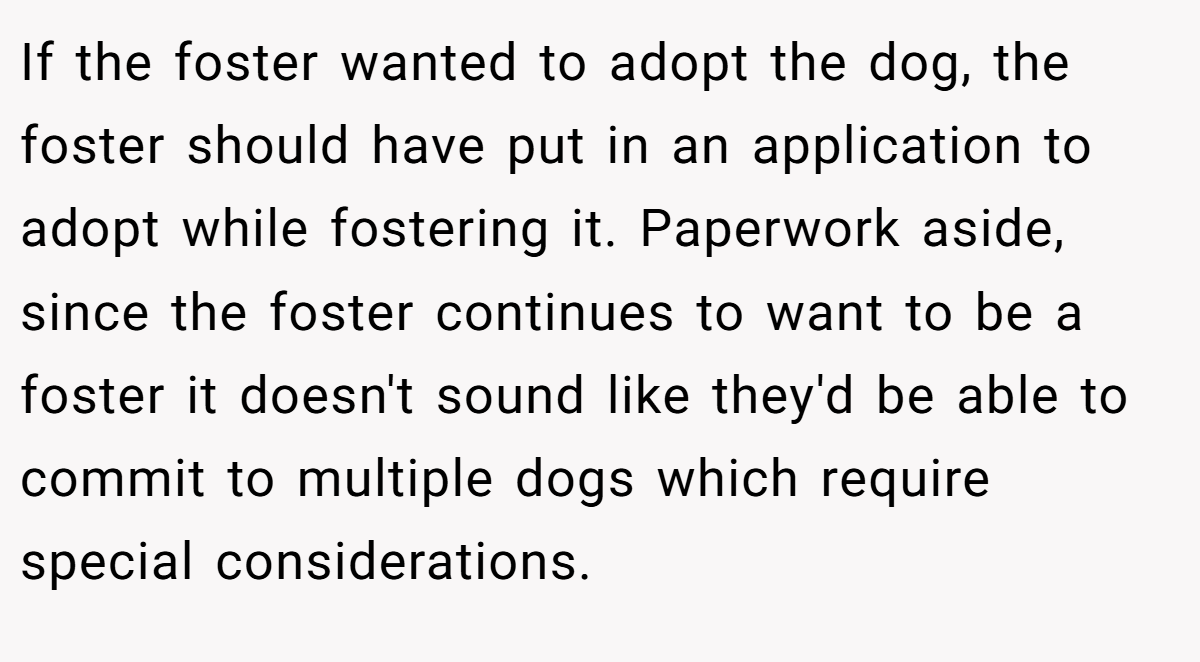 If the foster wanted to adopt the dog, the foster should have put in an application to adopt while fostering it. Paperwork aside, since the foster continues to want to be a foster it doesn't sound like they'd be able to commit to multiple dogs which require special considerations.