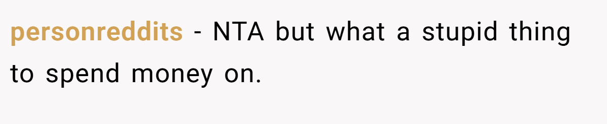 personreddits − NTA but what a stupid thing to spend money on.