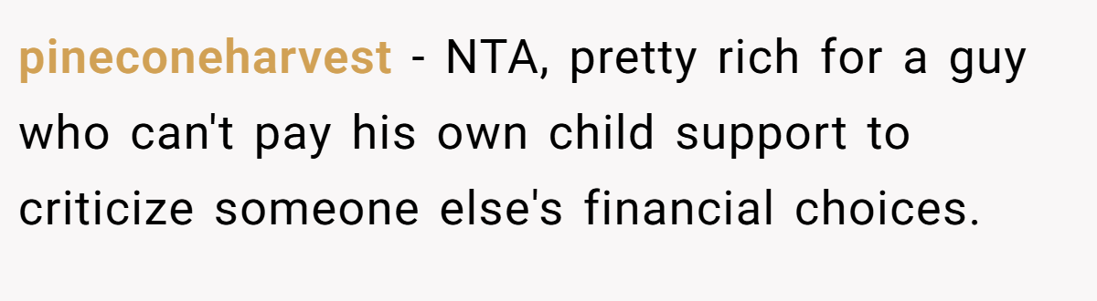 pineconeharvest − NTA, pretty rich for a guy who can't pay his own child support to criticize someone else's financial choices.
