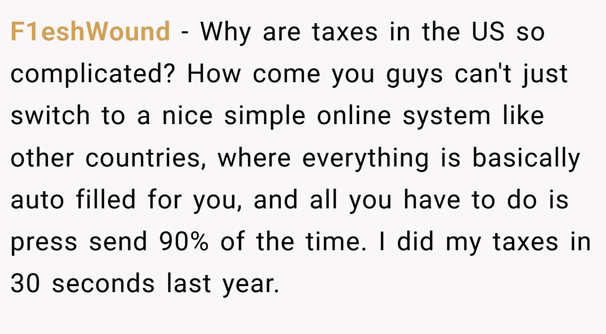 F1eshWound − Why are taxes in the US so complicated? How come you guys can't just switch to a nice simple online system like other countries, where everything is basically auto filled for you, and all you have to do is press send 90% of the time. I did my taxes in 30 seconds last year.