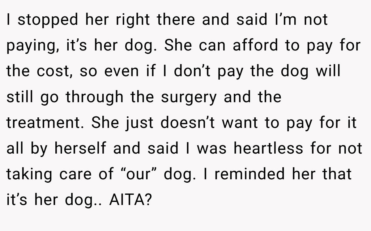 I stopped her right there and said I’m not paying, it’s her dog. She can afford to pay for the cost, so even if I don’t pay the dog will still go through the surgery and the treatment. She just doesn’t want to pay for it all by herself and said I was heartless for not taking care of “our” dog. I reminded her that it’s her dog.. AITA?