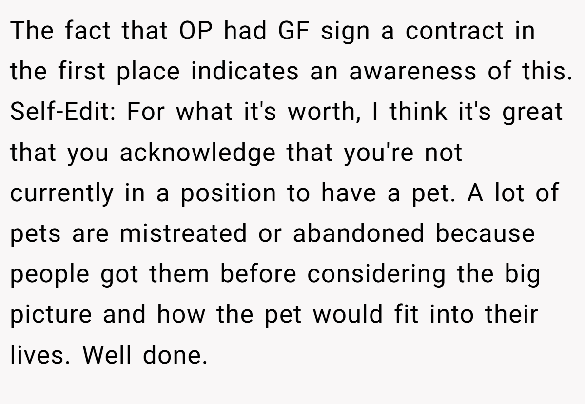 The fact that OP had GF sign a contract in the first place indicates an awareness of this. Self-Edit: For what it's worth, I think it's great that you acknowledge that you're not currently in a position to have a pet. A lot of pets are mistreated or abandoned because people got them before considering the big picture and how the pet would fit into their lives. Well done.