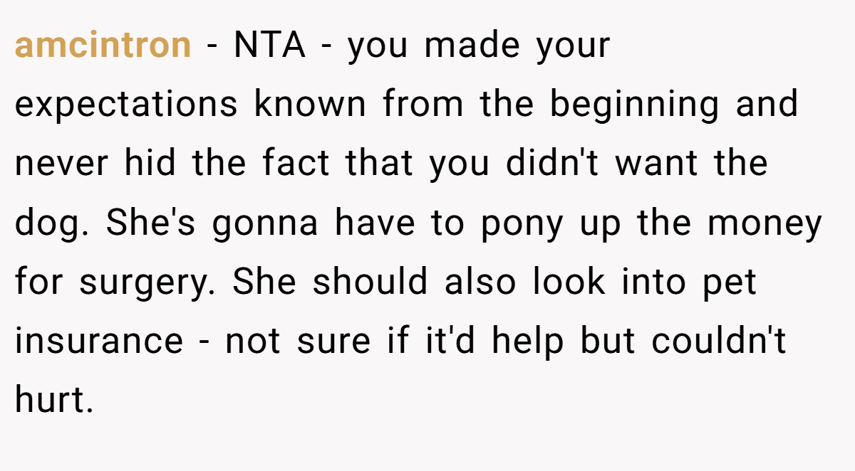 amcintron − NTA - you made your expectations known from the beginning and never hid the fact that you didn't want the dog. She's gonna have to pony up the money for surgery. She should also look into pet insurance - not sure if it'd help but couldn't hurt.