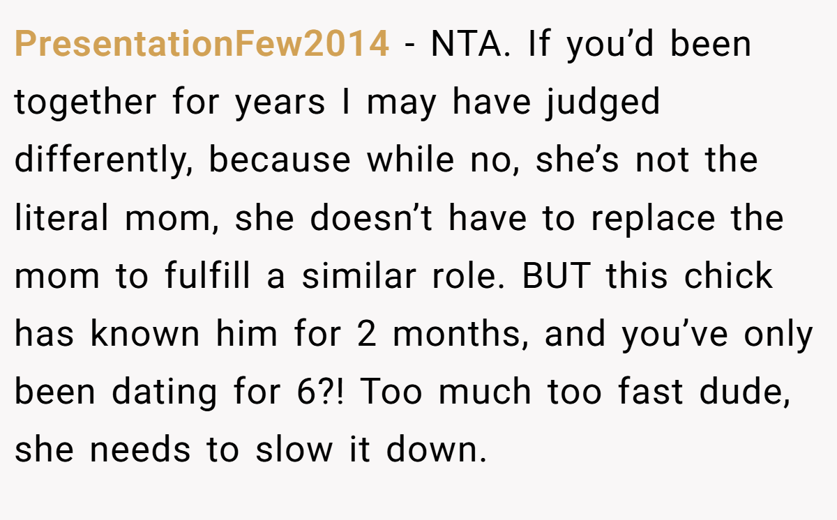 PresentationFew2014 − NTA. If you’d been together for years I may have judged differently, because while no, she’s not the literal mom, she doesn’t have to replace the mom to fulfill a similar role. BUT this chick has known him for 2 months, and you’ve only been dating for 6?! Too much too fast dude, she needs to slow it down.
