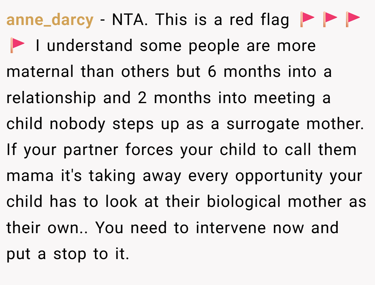 anne_darcy − NTA. This is a red flag 🚩🚩🚩🚩 I understand some people are more maternal than others but 6 months into a relationship and 2 months into meeting a child nobody steps up as a surrogate mother. If your partner forces your child to call them mama it's taking away every opportunity your child has to look at their biological mother as their own.. You need to intervene now and put a stop to it.