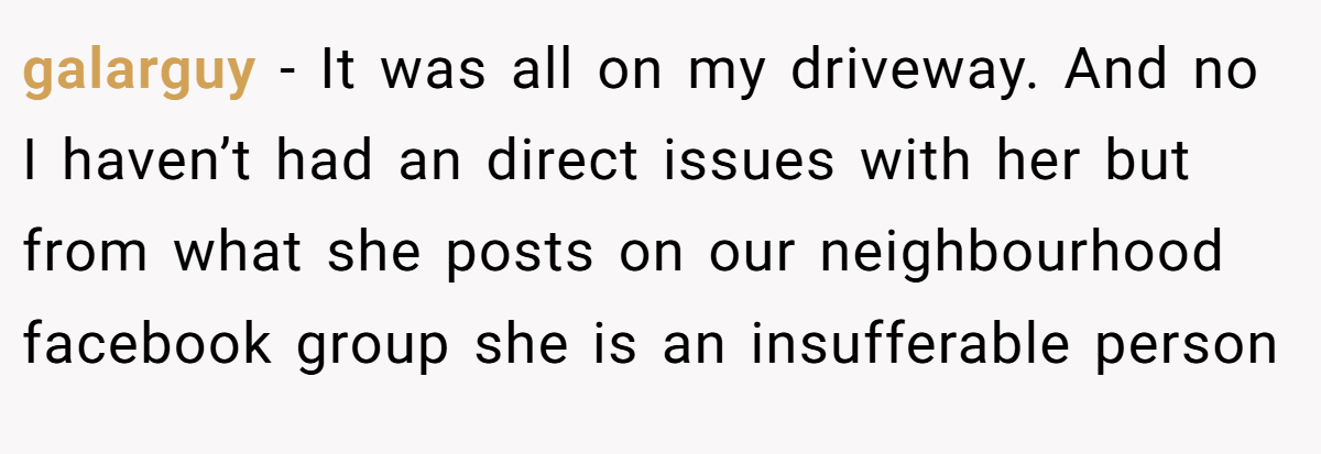 galarguy − It was all on my driveway. And no I haven’t had an direct issues with her but from what she posts on our neighbourhood facebook group she is an insufferable person