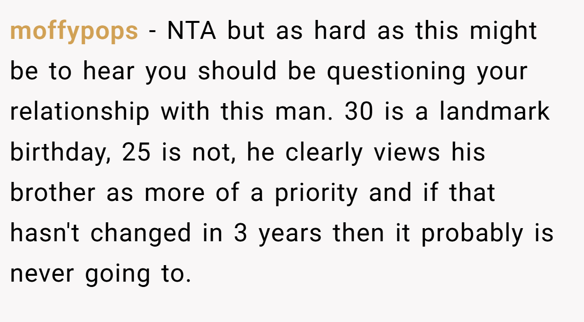 moffypops - NTA but as hard as this might be to hear you should be questioning your relationship with this man. 30 is a landmark birthday, 25 is not, he clearly views his brother as more of a priority and if that hasn't changed in 3 years then it probably is never going to.