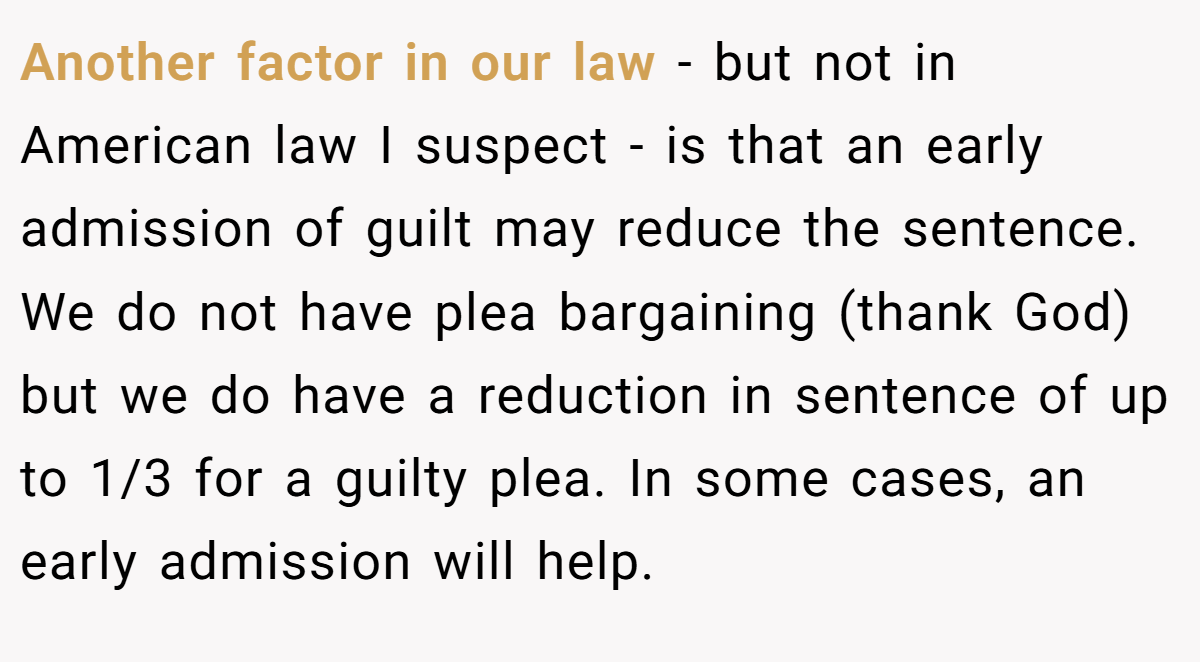 Another factor in our law - but not in American law I suspect - is that an early admission of guilt may reduce the sentence. We do not have plea bargaining (thank God) but we do have a reduction in sentence of up to 1/3 for a guilty plea. In some cases, an early admission will help.