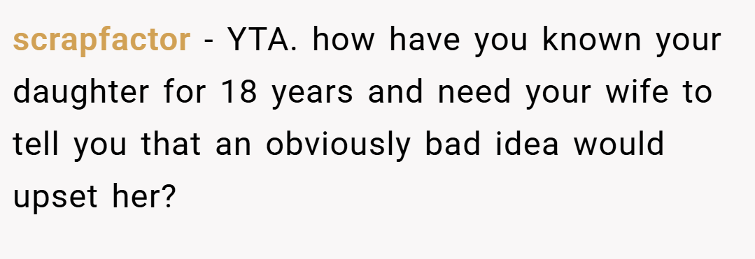 scrapfactor − YTA. how have you known your daughter for 18 years and need your wife to tell you that an obviously bad idea would upset her?