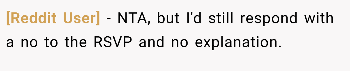 [Reddit User] − NTA, but I'd still respond with a no to the RSVP and no explanation.
