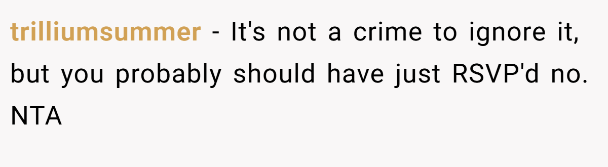 trilliumsummer − It's not a crime to ignore it, but you probably should have just RSVP'd no. NTA
