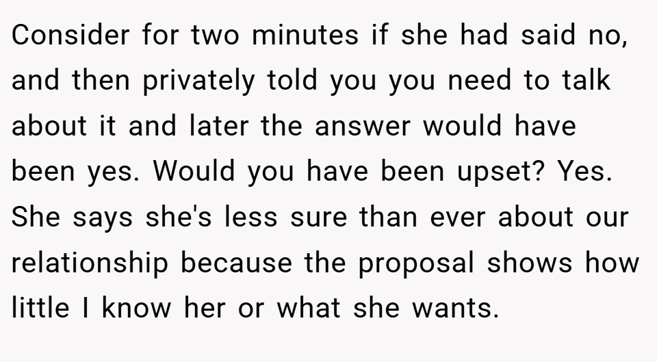 Consider for two minutes if she had said no, and then privately told you you need to talk about it and later the answer would have been yes. Would you have been upset? Yes. She says she's less sure than ever about our relationship because the proposal shows how little I know her or what she wants.