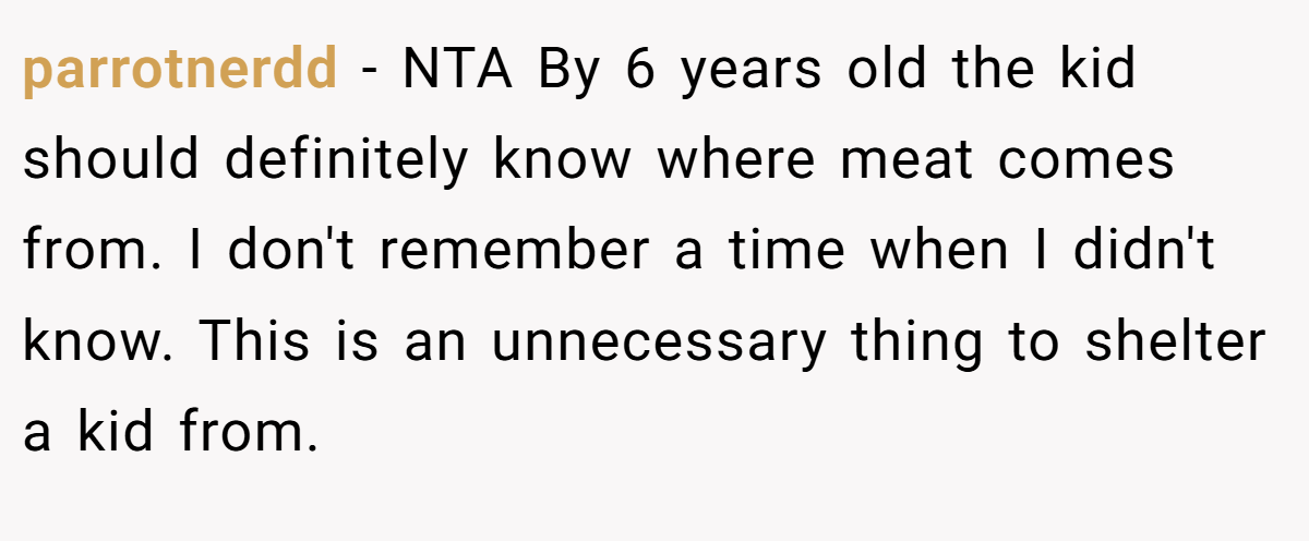 parrotnerdd − NTA By 6 years old the kid should definitely know where meat comes from. I don't remember a time when I didn't know. This is an unnecessary thing to shelter a kid from.