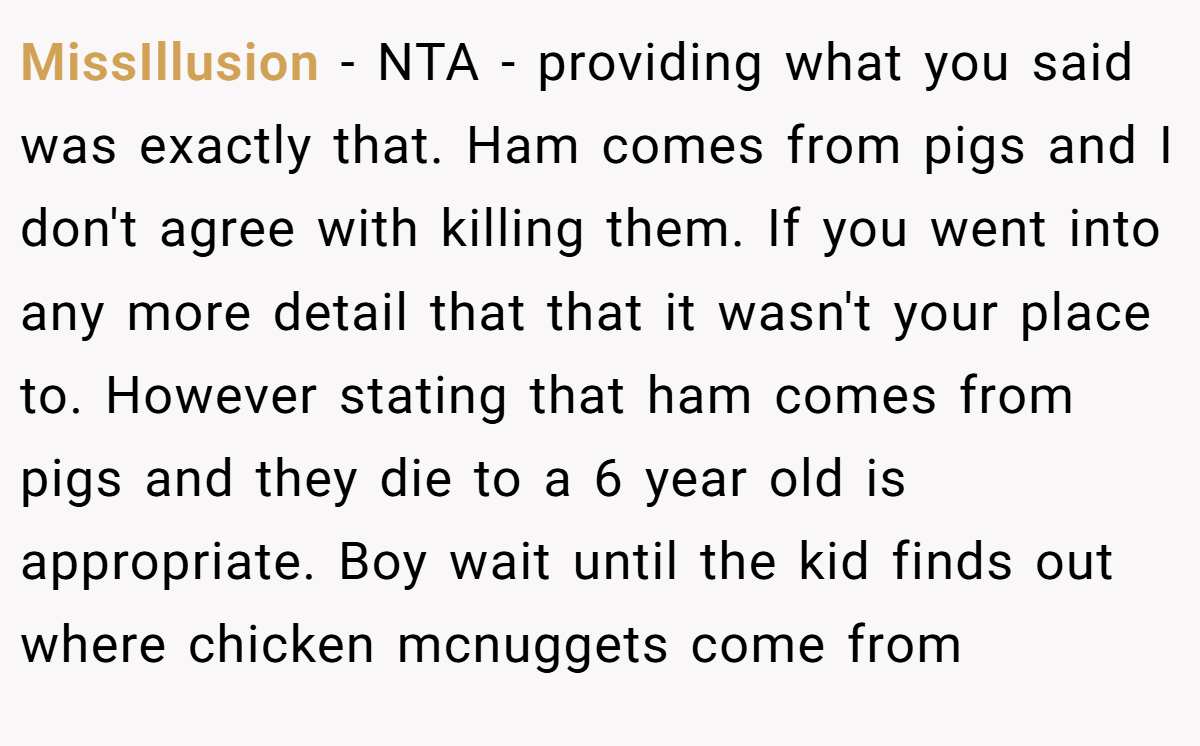 MissIllusion − NTA - providing what you said was exactly that. Ham comes from pigs and I don't agree with killing them. If you went into any more detail that that it wasn't your place to. However stating that ham comes from pigs and they die to a 6 year old is appropriate. Boy wait until the kid finds out where chicken mcnuggets come from