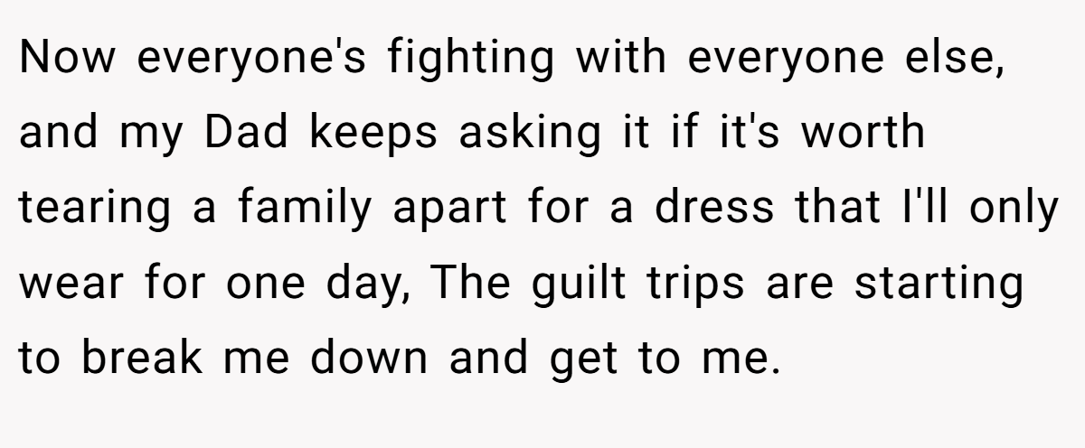 Now everyone's fighting with everyone else, and my Dad keeps asking it if it's worth tearing a family apart for a dress that I'll only wear for one day, The guilt trips are starting to break me down and get to me.