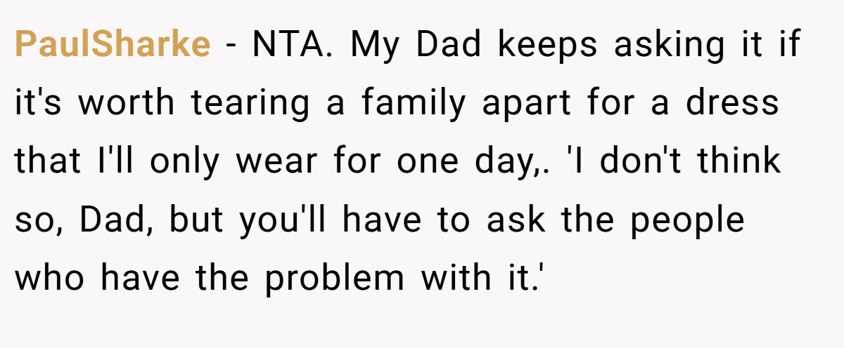 PaulSharke − NTA. My Dad keeps asking it if it's worth tearing a family apart for a dress that I'll only wear for one day,. 'I don't think so, Dad, but you'll have to ask the people who have the problem with it.'