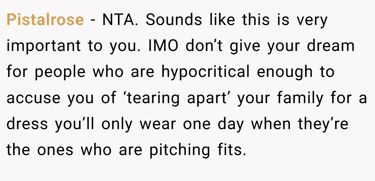 Pistalrose − NTA. Sounds like this is very important to you. IMO don’t give your dream for people who are hypocritical enough to accuse you of ‘tearing apart’ your family for a dress you’ll only wear one day when they’re the ones who are pitching fits.