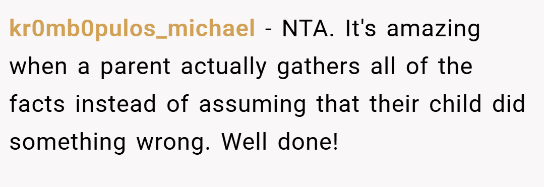 kr0mb0pulos_michael − NTA. It's amazing when a parent actually gathers all of the facts instead of assuming that their child did something wrong. Well done!
