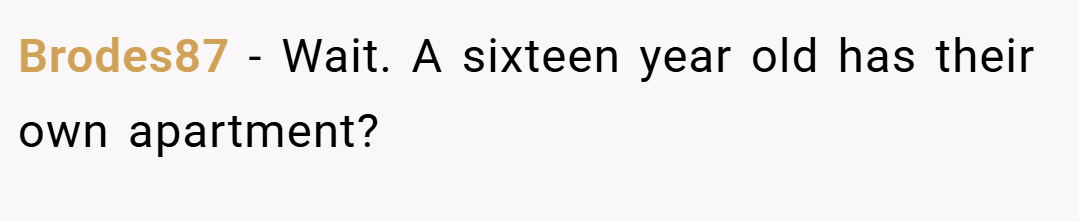 Brodes87 − Wait. A sixteen year old has their own apartment?