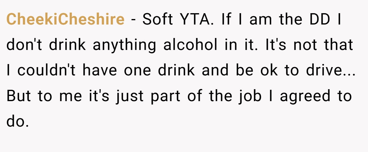 CheekiCheshire - Soft YTA. If I am the DD I don't drink anything alcohol in it. It's not that I couldn't have one drink and be ok to drive... But to me it's just part of the job I agreed to do.